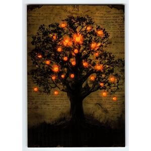 Vintage Halloween Tree Postcard with Glowing Pumpkin Lanterns 5.5x4"